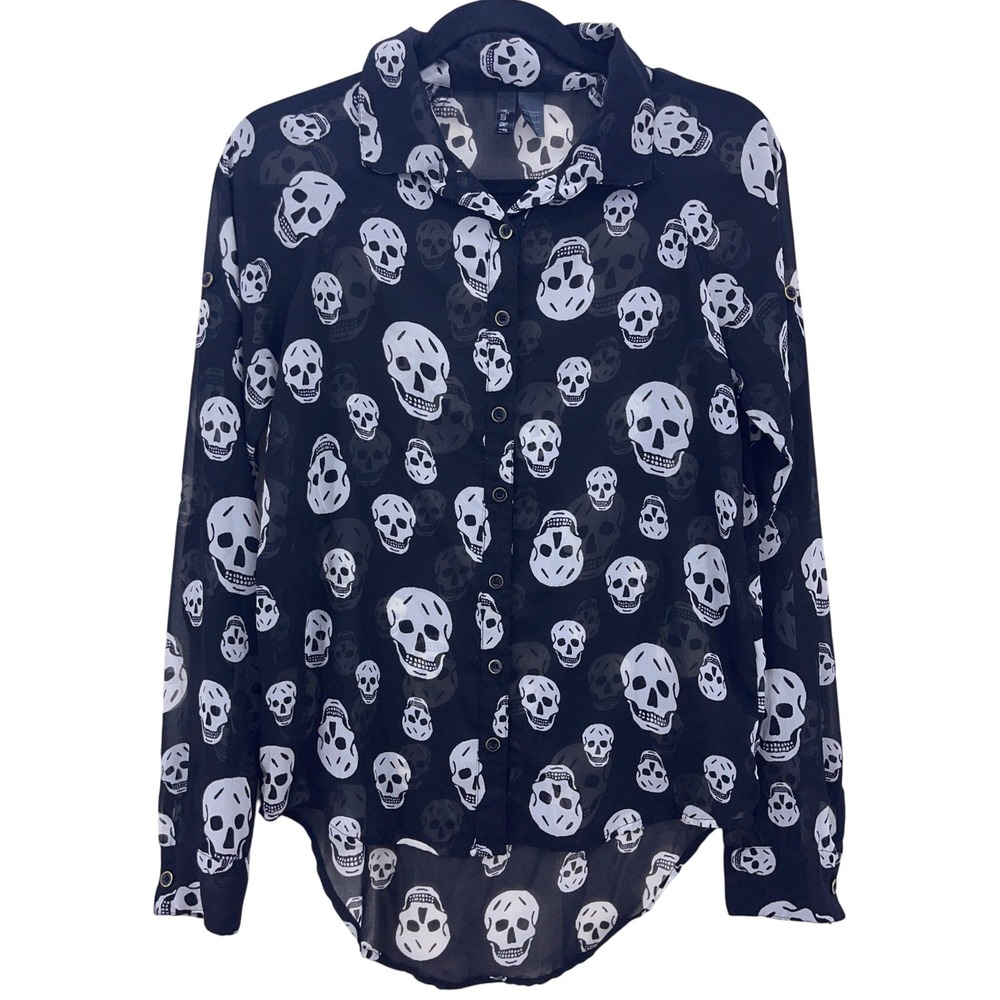 Fun & Flirt Black Skull Print Button Up Shirt Small Sheer Roll Tab Sleeve Goth